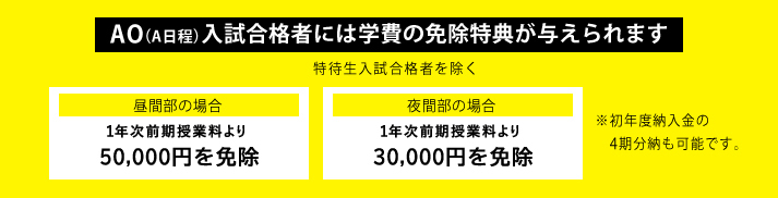 AO入試（A日程及び国内・国外の地方AO入試）合格者には学費の免除特典が与えられます