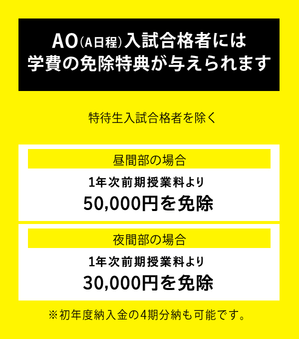 AO入試（A日程及び国内・国外の地方AO入試）合格者には学費の免除特典が与えられます